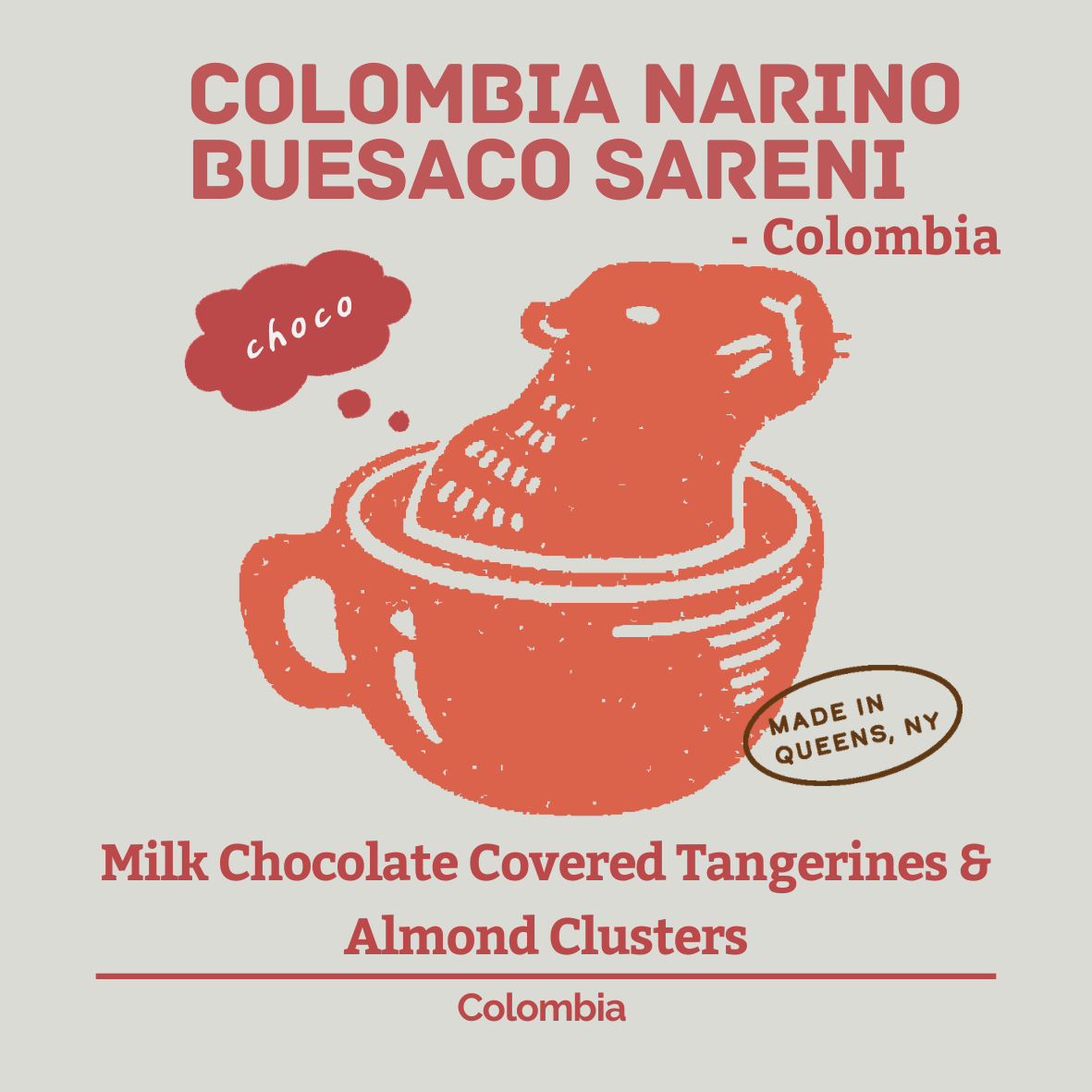 Colombia Narino Sareni - med-light roast, washed process, milk chocolate , tangerines, almonds